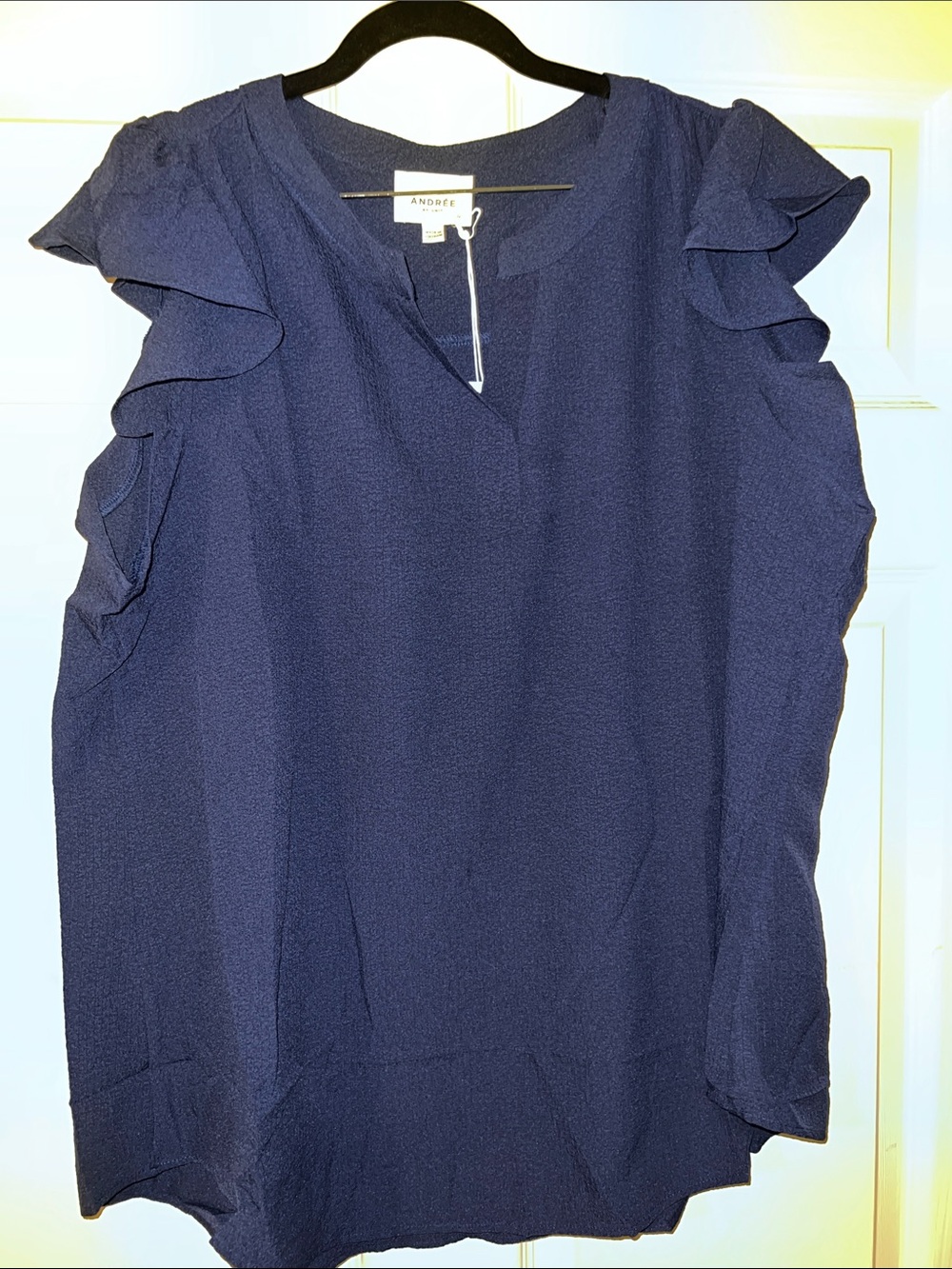 Navy Ruffle Sleeve V-Neck Women's Top